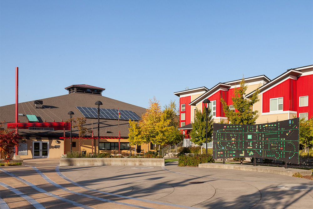 Solar electric installation attached to the roof of the Greenbridge community center