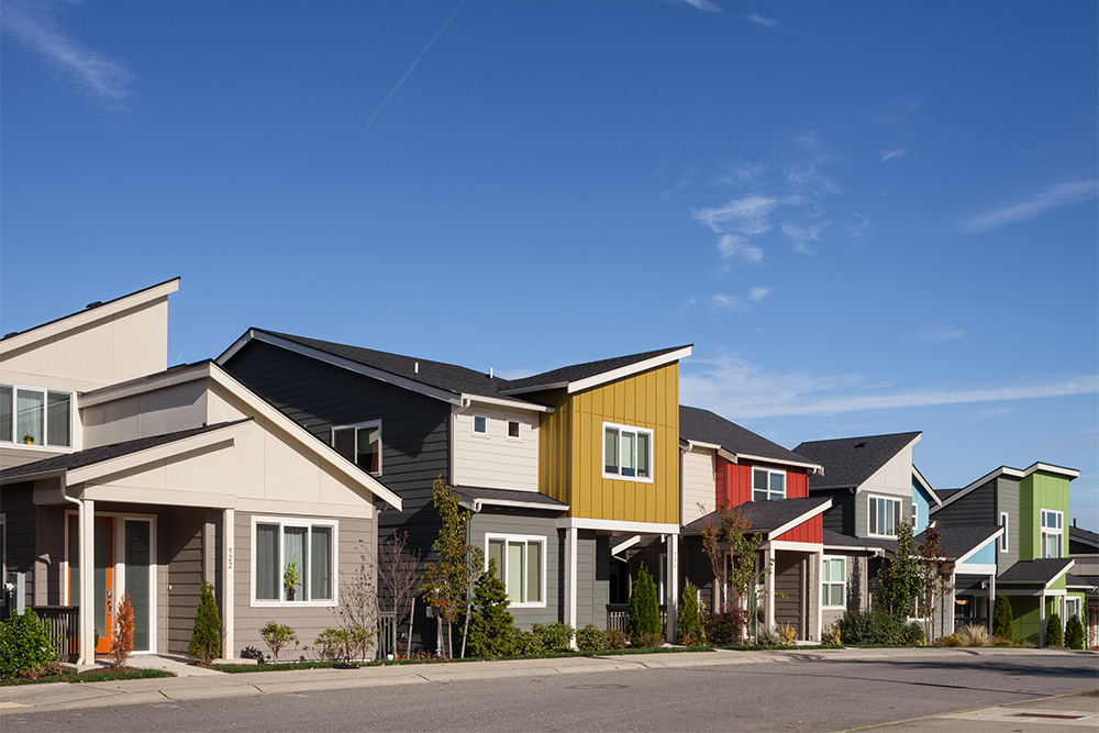 Row of colorful townhomes