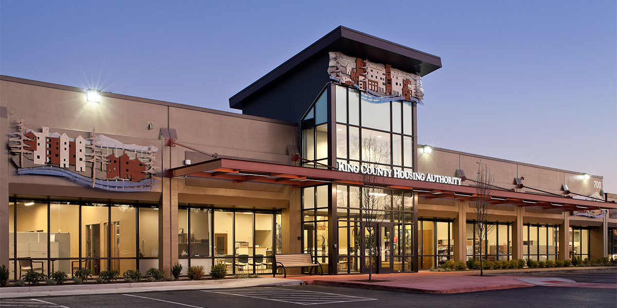 Photo of the KCHA central office building at 700 Andover Park W, Tukwila